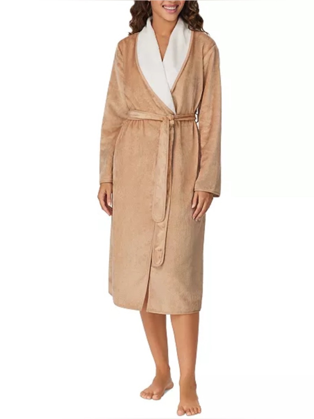 Cuddl Duds Plush Shawl Collar Robe - Camel with Cream Collar